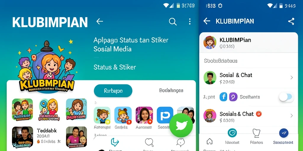 Tampilan aplikasi KLUBIMPIAN dengan stiker-stiker penuh warna.
