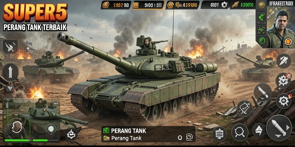 Antarmuka <strong>SUPER5</strong> dengan tampilan pertempuran tank yang seru.